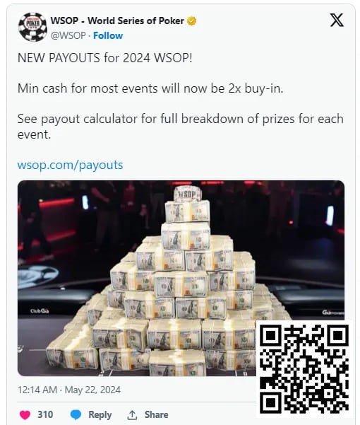 【EPCP扑克】2024年WSOP奖金结构升级，蕞低可拿到两倍门票钱